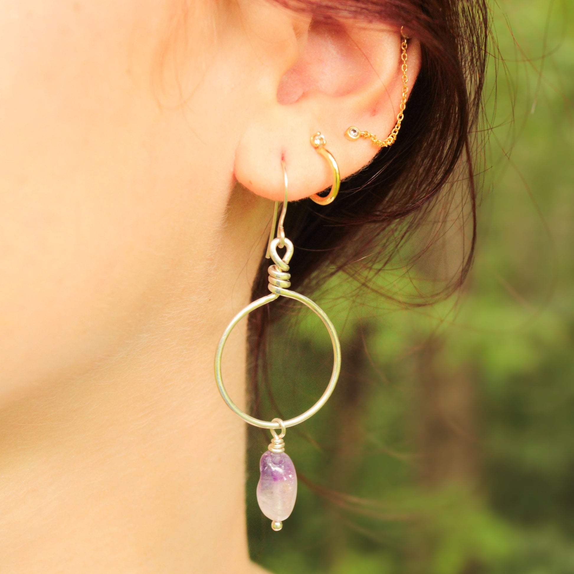 Wire wrapped hoop earrings in sterling silver with amethyst ombré drop gemstones