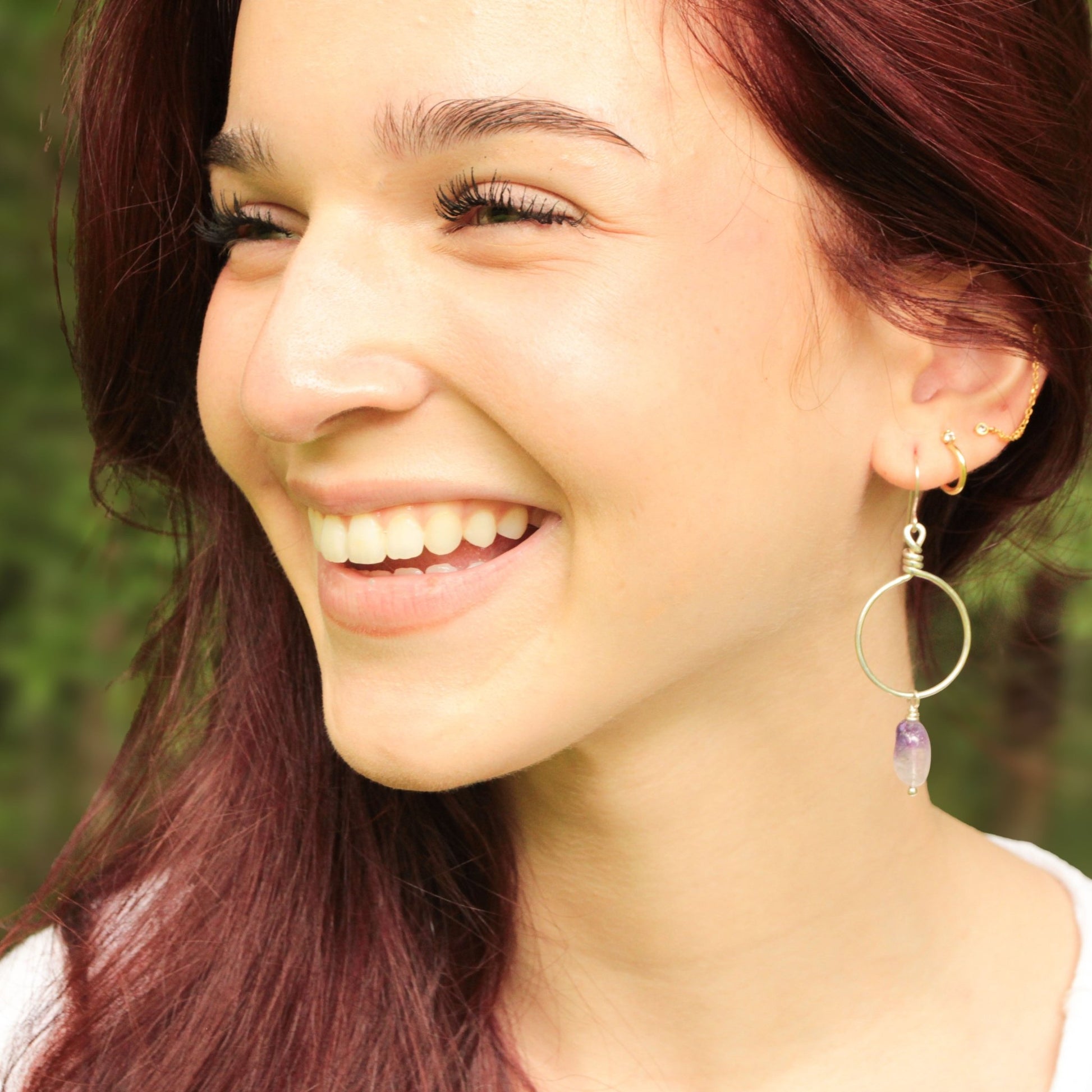 Wire wrapped hoop earrings in sterling silver with amethyst ombré drop gemstones