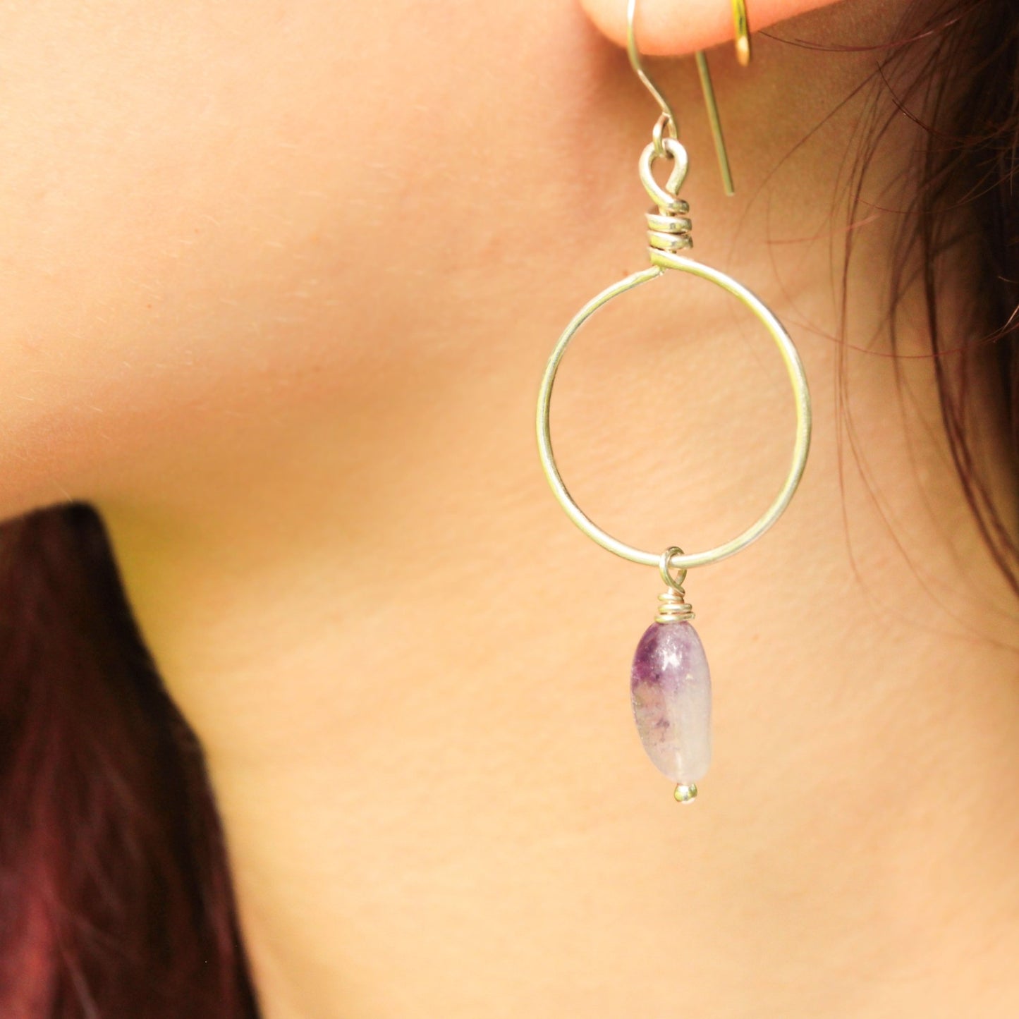 Wire wrapped hoop earrings in sterling silver with amethyst ombré drop gemstones